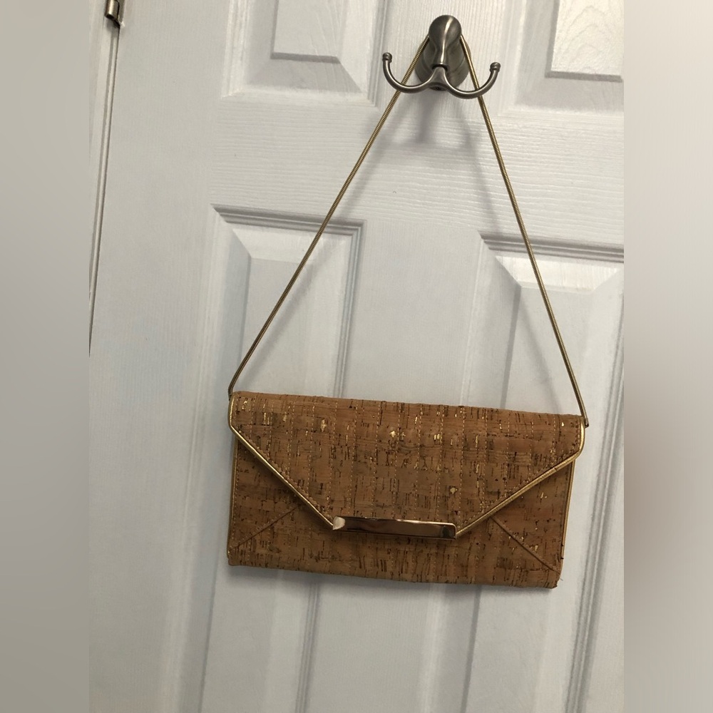 Metallic Cork SR2 Shoulder Bag Clutch Gold Chain Metal Bar Accent Chic